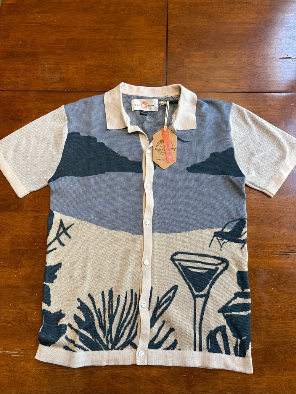 Free Planet Beige and Navy Coastal Graphic Polo